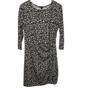 Talbots Knit Dress 3/4 Sleeve Faux Wrap Black‎ Gray White Print Dress Size LP